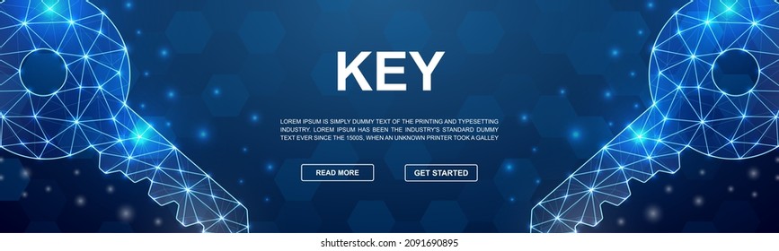 Key Polygonal Symbol For Blue Head Promotion Banner. Horizontal Low Poly Poster Illustration For Homepage, Landing Page Design. Security Design Template Illustration Concept.