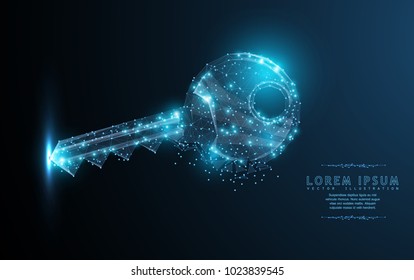 Key. Polygonal wireframe mesh art with crumbled edge on blue night sky with dots, stars and looks like constellation. Security, success, solution concept illustration or background