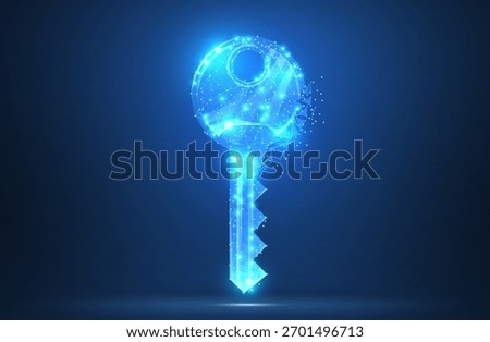 Key. Polygonal wireframe mesh art with crumbled edge on blue night sky with dots, stars and looks like constellation. Security, success, solution concept illustration or background