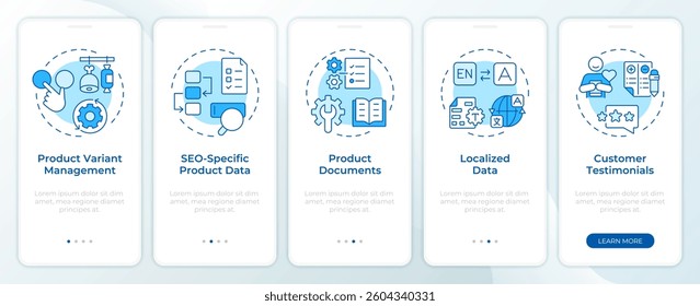 Key product information blue onboarding mobile app screen. PIM system. Walkthrough 5 steps editable graphic instructions with linear concepts. UI, UX, GUI