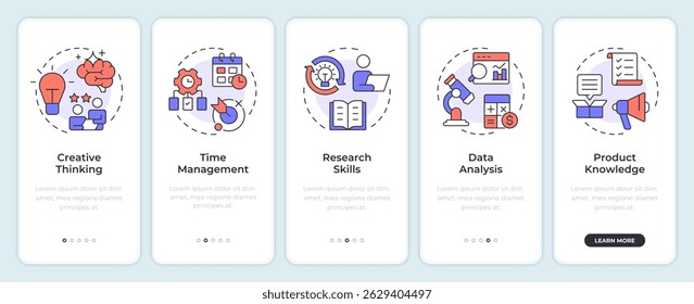 Key professional competencies onboarding mobile app screen. Walkthrough 5 steps editable graphic instructions with linear concepts. UI, UX, GUI
