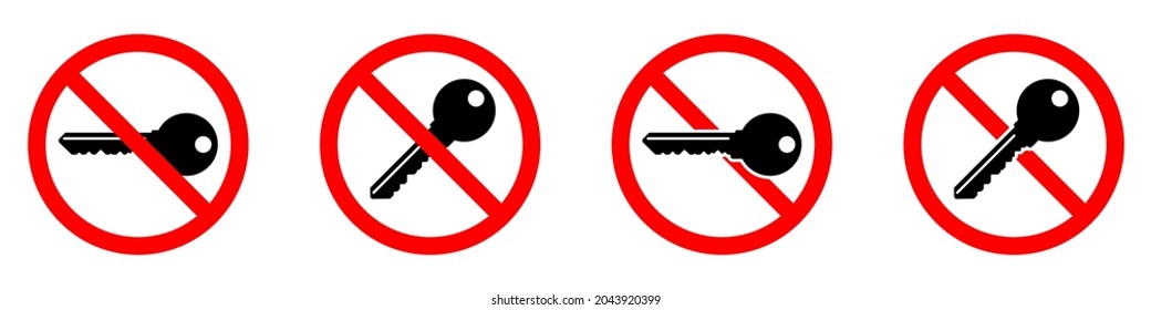 Key is prohibited. No key icon. Stop or ban red round sign with key icon. Vector illustration. Forbidden signs set.