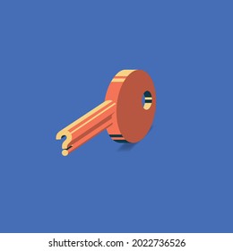 A Key With A Question Mark. Concept: Symbol Of Answer, Discovery, Mysterious Object. Vector Illustration, Color Cartoon Design, Isolated On Blue Background, Eps 10.