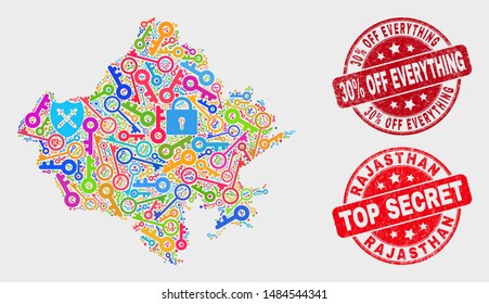 Key Rajasthan State map and seal stamps. Red rounded Top Secret and 30% Off Everything scratched seal stamps. Colorful Rajasthan State map mosaic of different keeper items.