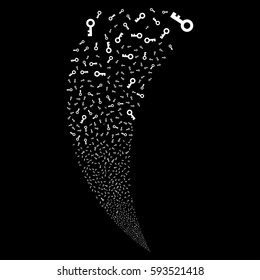 Key random fireworks stream. Vector illustration style is flat white iconic symbols on a black background. Object fountain made from scattered pictograms.