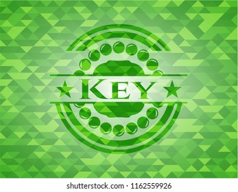 Key realistic green emblem. Mosaic background