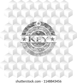 Key realistic grey emblem with geometric cube white background