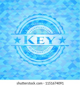 Key realistic light blue emblem. Mosaic background