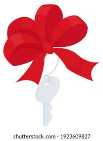 Key with red bow isometric Icon sign. Vector gift Illustration isolated on white.