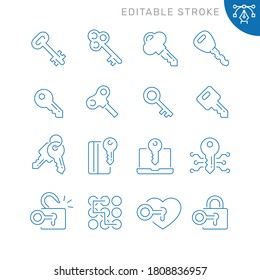 Key related icons. Editable stroke. Thin vector icon set