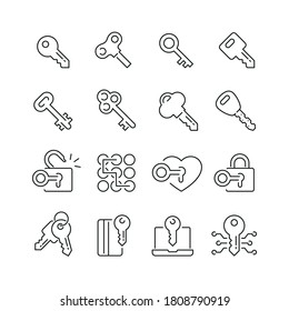 Iconos relacionados con la clave: conjunto de iconos de vector delgado, kit blanco y negro