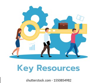 Key resources flat vector illustration. Effective company functioning. Organization management assets. Business model. Human resource. Teamwork. Isolated cartoon character on white background