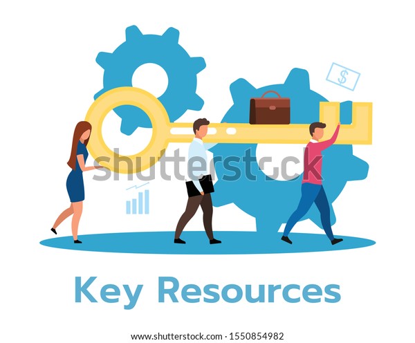 Key resources flat vector illustration.\
Effective company functioning. Organization management assets.\
Business model. Human resource. Teamwork. Isolated cartoon\
character on white\
background