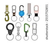 key ring clip set cartoon. clasp hook, lanyard fob, loop buckle key ring clip sign. isolated symbol vector illustration
