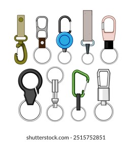 key ring clip set cartoon. clasp hook, lanyard fob, loop buckle key ring clip sign. isolated symbol vector illustration