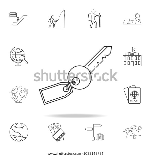 key with a key ring line Icon. Set of Tourism\
and Leisure icons. Signs, outline furniture collection, simple thin\
line icons for websites, web design, mobile app, info graphics on\
white background