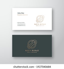 Key Ring Real Estate Abstract Contemporary Minimal Logo and Business Card Template. Outlined Keys Composition Emblem or Label with Modern Typography. Premium Stationary Realistic Mock Up. Isolated.