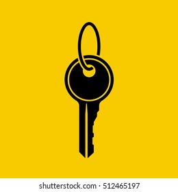 Key with ring sign. Black icon isolated on background, silhouette. Vector illustration flat design.