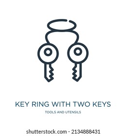 key ring with two keys thin line icon. ring, two linear icons from tools and utensils concept isolated outline sign. Vector illustration symbol element for web design and apps.