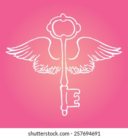 Key with romantic wings - vector hand drawing 