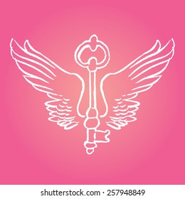 Key with romantic wings - vector hand drawing 