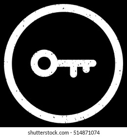 Key rubber seal stamp watermark. Icon symbol inside circle frame with grunge design and corrosion texture. Scratched vector white ink sticker on a black background.