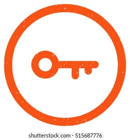 Key rubber seal stamp watermark. Icon symbol inside circle frame with grunge design and dirty texture. Scratched vector orange ink sign on a white background.
