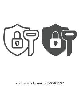 Key and safety emblem with lock line and solid icon, design recruitment concept. Vector graphics. Large key with defense shield sign on white background, outline style icon for mobile or web design