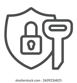 Key and safety emblem with lock line icon, design recruitment concept. Vector graphics. Large key with defense shield sign on white background, outline style icon for mobile or web design