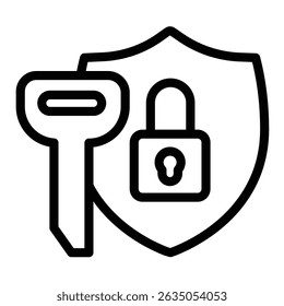 Key and safety emblem with lock line icon, design recruitment concept. Vector graphics. Large key with defense shield sign on white background, style mobile or design