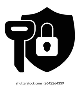 Key and safety emblem with lock solid icon, design recruitment concept. Vector graphics. Large key with defense shield sign on white background, style mobile or design