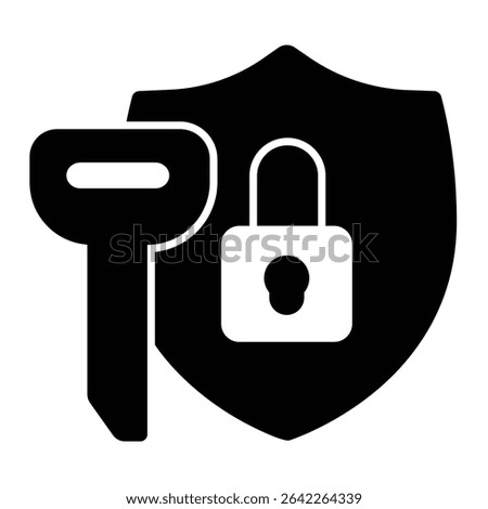 Key and safety emblem with lock solid icon, design recruitment concept. Vector graphics. Large key with defense shield sign on white background, style mobile or design