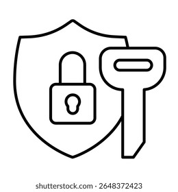 Key and safety emblem with lock thin line icon, design recruitment concept. Vector graphics. Large key with defense shield sign on white background, style mobile or design