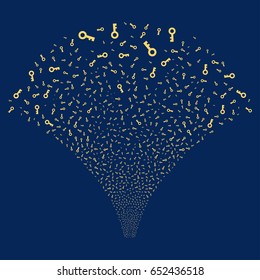 Key salute stream. Vector illustration style is flat yellow iconic symbols on a blue background. Object explosion fountain constructed from random symbols.
