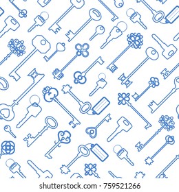 Key seamless pattern in blue outline, vector illustration for textile design