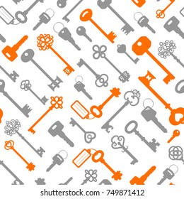 Key seamless pattern in modern colors, grey and orange, vector illustration