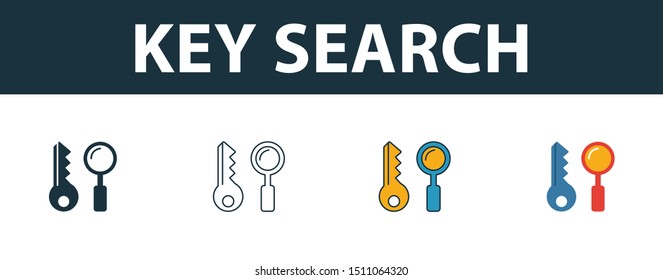 Key Search icon set. Four elements in diferent styles from web development icons collection. Creative key search icons filled, outline, colored and flat symbols.