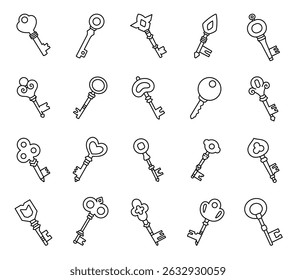 Key security access set with cute outline design featuring, privacy protection symbols, unlocking doors, safety tools for yours illustration and creative projects