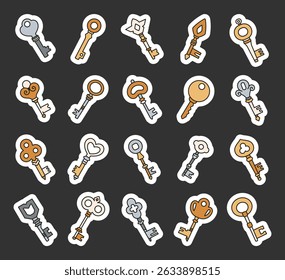 Key security access set with cute outline design featuring, privacy protection symbols, unlocking doors, safety tools for yours illustration and creative projects
