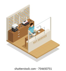 Key service isometric composition with master at working place engaged in cutting or repair of keys vector illustration