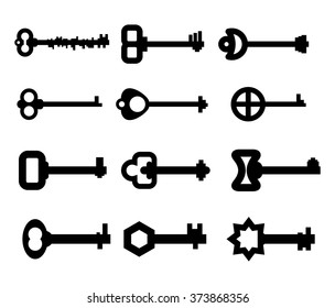 key Set. silhouette of old clue from door. Vintage closing tool. Retro keys locking of various shapes