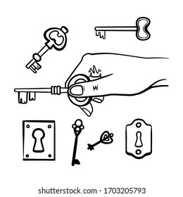 Key set variety of hand drawn locks and keys