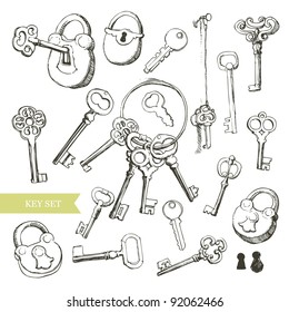 Key Set: Variety Of Hand Drawn Locks And Keys.