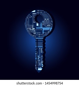 Key shape filled with electronic circuit. Blue and lighting background.