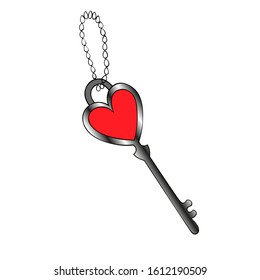 Key in the shape of a heart. Color vector illustration. Metal chain keychain. Love lock opener. Cartoon style. Isolated background.