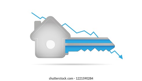 Key in shape of a House. Blue key with diagram arrow. House market illustration negative. Shrinking home sale graph.