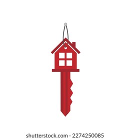 The key is in the shape of a house, red color. Flat style. Vector illustration