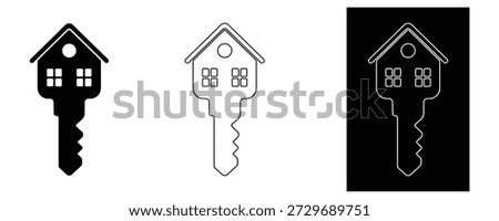 Key shaped like house, with windows and roof detail. Filled, outline, and negative space versions.