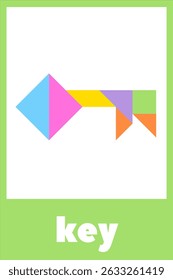 Key shapes highlighted in vibrant colors for educational purposes with geometric design elements. Tangram puzzle for children. Educational card for kids on a white background.