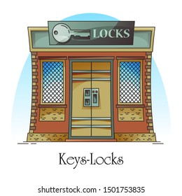 Key shop or locks store. Building for keylock retail or keyway duplication, electric key and locks creation for house. Facade or front of construction, outdoor or exterior view.Architecture, cityscape